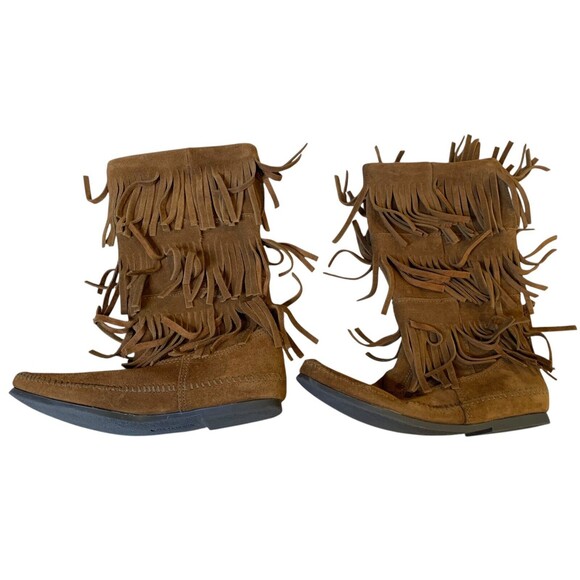 MINNETONKA Womens US 9 Moccasin Boots 1632 Brown Suede 3-Layer Fringe EUC - Picture 8 of 9